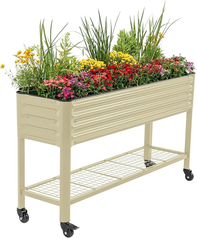 Rolling Elevated Raised Garden Bed - Slim Series, 1.5' x 5.5' Outdoor Planters Boxes with Legs & Storage Rack for Patio, 750 Lbs Weight Capacity, Raised Beds for Gardening Herbs Flowers, Pearl White