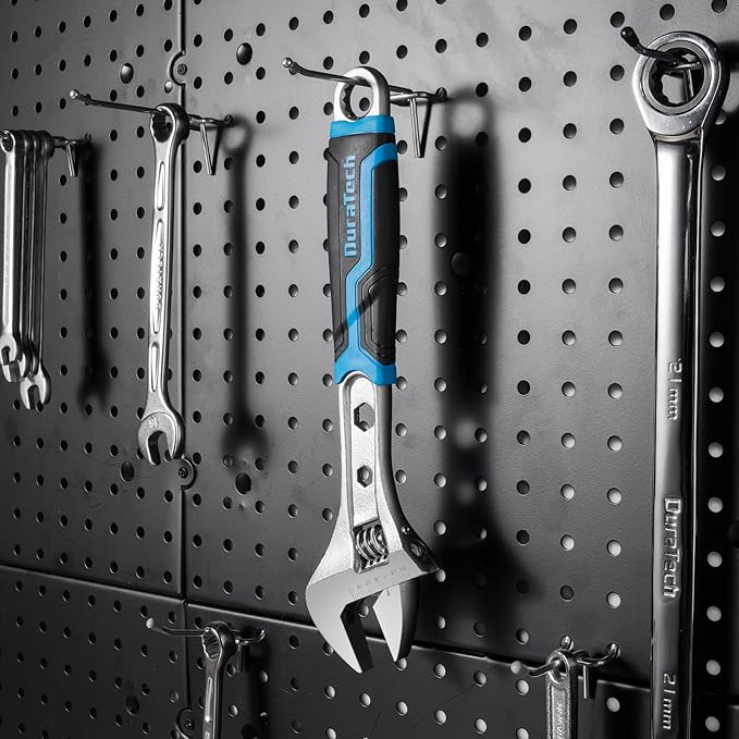 DURATECH 12 Inch Adjustable Wrench, 3-in-1 Spanner with Box End/Hex Function, CR-V Steel, Metric & SAE Scales, Chrome-plated, Bi-material soft Grip