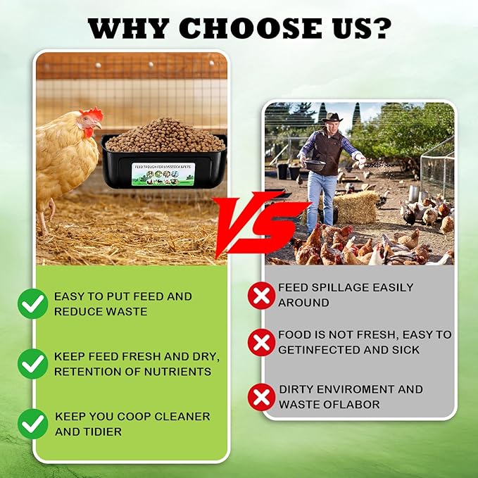 3 Pack Chicken Feeder, Duck Feeder Supplies, Hanging Fence Feed Trough with Clips for Goat, Sheeple, Piglet, Gooses, Turkeys, Dog Livestock Poultry, 8 Quarts in Total, Feed Scoop Included, Black