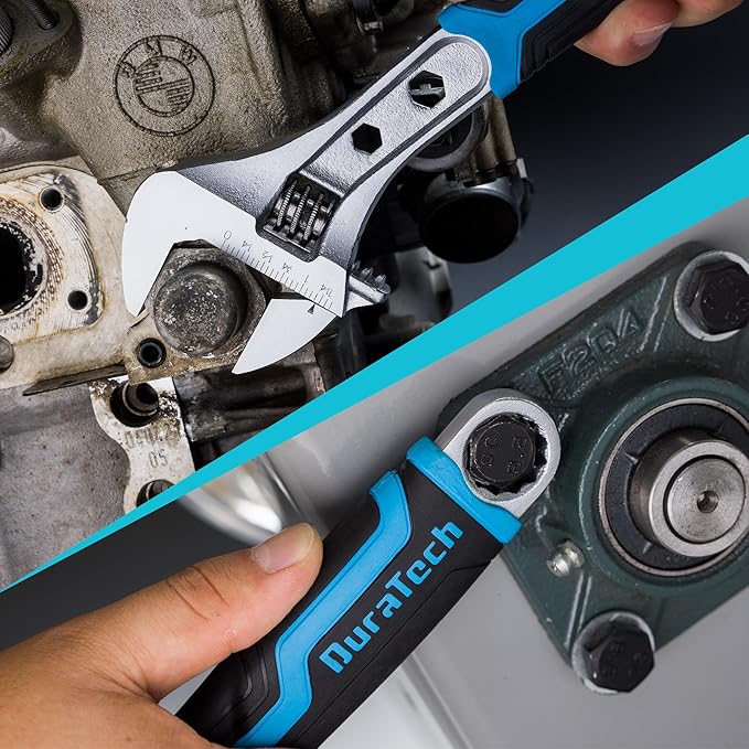 DURATECH 10 Inch Adjustable Wrench, 3-in-1 Spanner with Box End/Hex Function, CR-V Steel, Metric & SAE Scales, Chrome-plated, Bi-material soft Grip