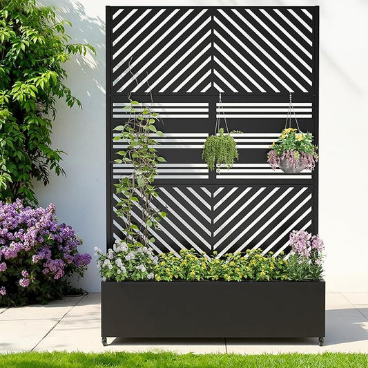 Metal Planter with Trellis& Wheels 72" x 47"x 15.7" Raised Garden Bed with Trellis,Privacy Planters for Patio,Garden Bed for Climbing Plants,Suitable for Climbing Plants and Vegetables,Black