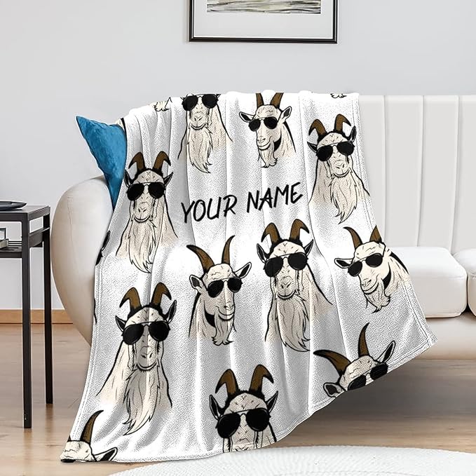 Custom Goat Blanket for Girls - 60x80 Inches Twin Size with Name - Soft Fuzzy Plush Throws Gift - White Funny Throw Blanket for Bed, Couch, Living Room