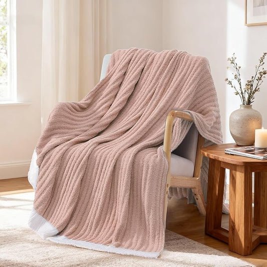 WRENSONGE Striped Throw Blanket, Pink Soft Cozy Fluffy Warm Hand Made Throw Blankets for Couch, Sofa, Chair, Bed, Camping, Picnic, Travel Lightweight Bed Blanket - 60"*80"