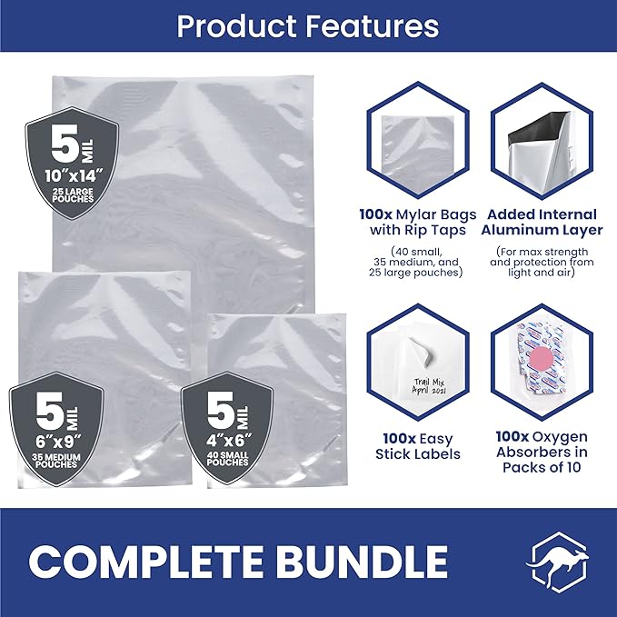 Wallaby 100ct Multi-Size Mylar Bags, 400cc Oxygen Absorbers, 10 Mil Thickness, 1-Gal 10x14, 1-Qt 8x12, 1/2-Pt 6x8, Heat-Sealable, Airtight, Flat, Silver, for Long-Term Food Storage.