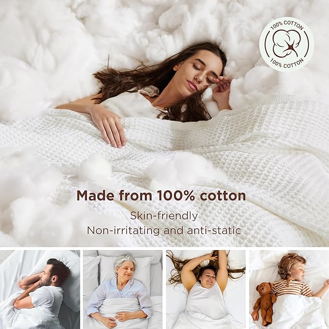 Bedsure Gentlesoft 100% Cotton Blanket Queen Size for Bed - Breathable and Soft, Thick Cozy Waffle Weave Christmas Blanket Gift for Women, White, 90x90 Inches