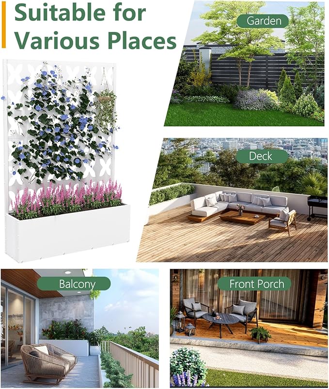 Metal Planter Box with Trellis,70.9"x47.2"x15.7" Raised Garden Bed with Drainage Holes, Privacy Planters for Outdoor Garden Bed for Climbing Plants,Vegetables,and Vines, White-X