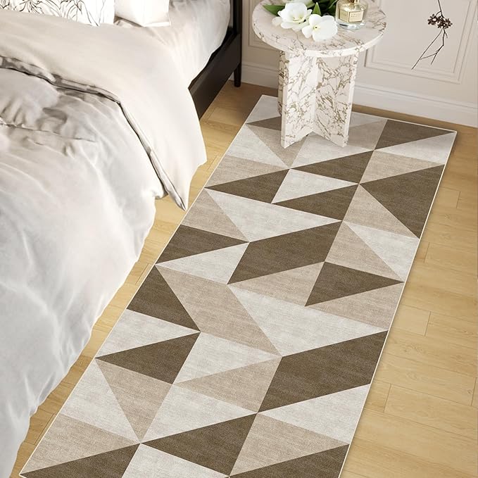 Washable Neutral Runner for Hallway Bedroom 2x6 Modern Abstract Geometric Non Slip Brown Area Rug Low Pile Indoor Floor