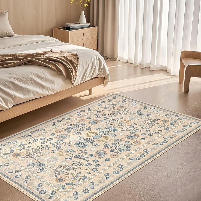 3x5 Area Rug Living Room Rugs - Washable Boho Vintage Floral Large Soft Non Slip Thin Rug Low Pile Carpet for Bedroom Dining Room Kids Playroom Office Decor Indoor- Multi Color