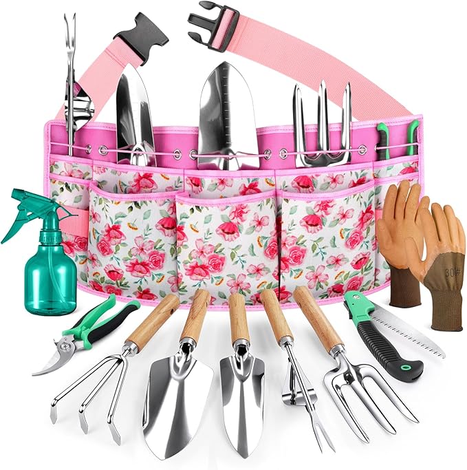 All-in-One Garden Tool Set with Tools Organizer Belt Adjustable, 10-Piece Gardening Hand Tools, Long Lasting Rust-Proof Premium Garden Tool Kit, Gardening Gift for Women Men (Pink)