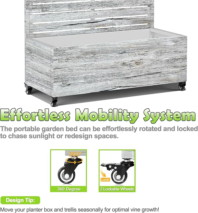 15.7"×70.9"×35.4" Metal Raised Garden Bed with Trellis and Wheels - Tall Trellis Planter Box for Climbing Plants, Vegetables & Vines - Outdoor Privacy Planters for Patio (White Oak Grain)