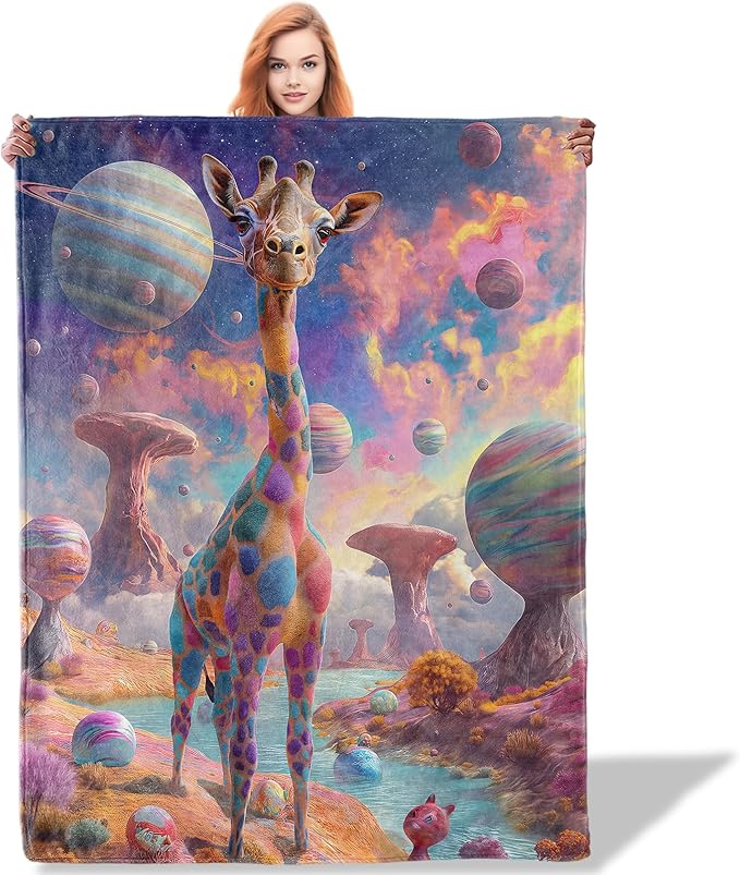 Colorful Giraffe in Space Pattern Throw Blanket 50"x60", Whimsical Animal Lover Blankets for Bedroom Giraffe Decor, Soft Flannel Polyester Gifts for Kids Women