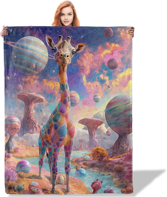 Colorful Giraffe in Space Pattern Throw Blanket 50"x60", Whimsical Animal Lover Blankets for Bedroom Giraffe Decor, Soft Flannel Polyester Gifts for Kids Women