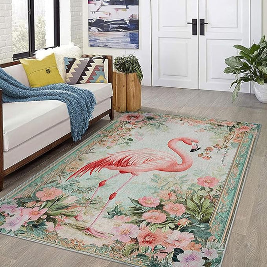 8x10 Flamingo Area Rugs Boho Floral Tropical Botanical Rug for Living Room Indoor Soft Non-Slip Thin Large Carpet Flower Rugs for Bedroom Home Decor Under Table Washable Machine