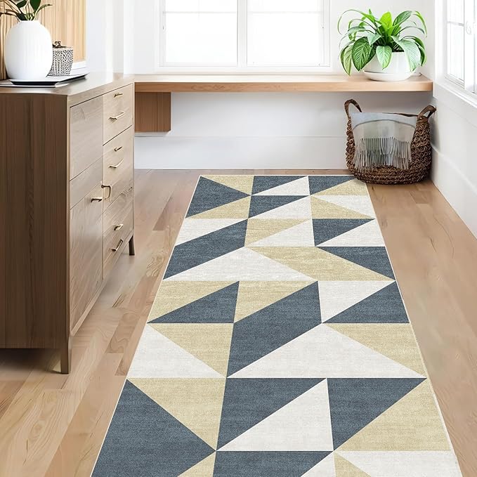 Blue and Gold Washable Geometric Runner for Hallway Bedroom 2x6 Modern Abstract Non Slip Rug Low Pile Indoor Floor