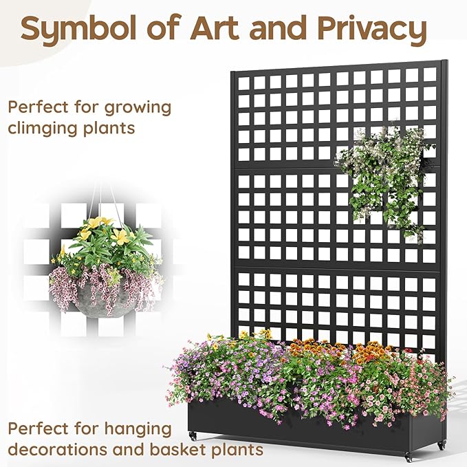 Metal Planter with Trellis& Wheels 72" x 47"x 15.7" Raised Garden Bed with Trellis,Privacy Planters for Patio,Garden Bed for Climbing Plants,Suitable for Climbing Plants and Vegetables,Black