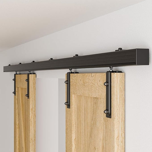 8FT/96'' Box Rail Exterior Sliding Barn Door Hardware Kit for Double Door Aluminium Alloy Wall Mount, Heavy Duty, NO Door Panel