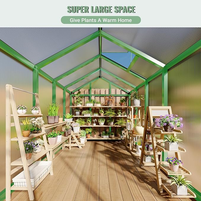 6x8 FT Greenhouse, Easy Assembly Aluminum Polycarbonate Greenhouses for Outdoors with Roof Vent, Large Aluminum Walk-in Greenhouse for Sunroom Patio, Backyard, Garden, Sliding Lockable Door, Green