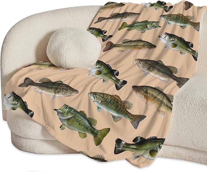 Fish Bass Blanket Decor Gifts for Fishing Lovers, Flannel Fleece Fuzzy Throw Blanket, Soft Warm Cozy Plush Ocean Animal Blankets for Bed Couch Living Room Stuff Decoration for Kids Adult Man 50"x40"