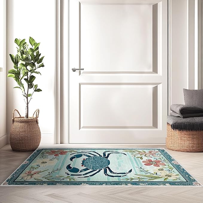 2x3 Crab Area Rugs Boho Teal Rug for Bathroom Kitchen Entryway Indoor Soft Non-Slip Thin Hippie Carpet Small Floral Doormat for Office Dining Room Home Decor Under Table Washable Machine