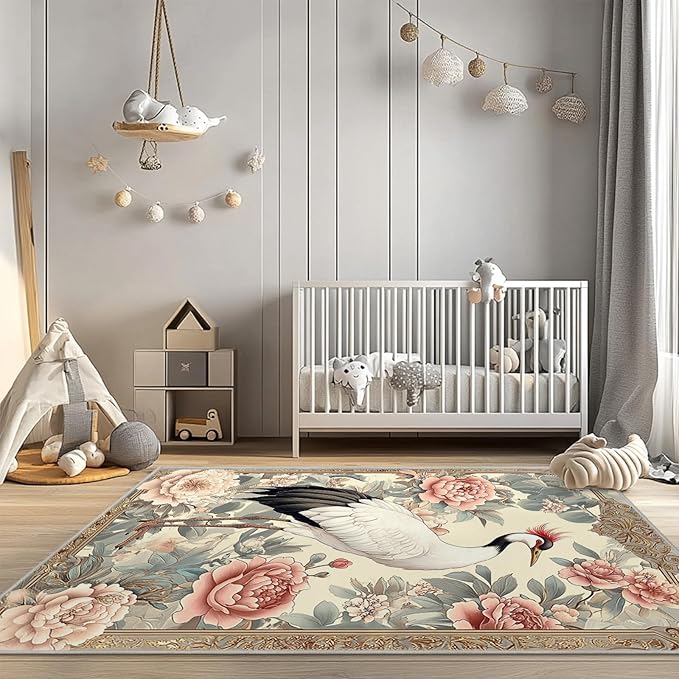 6x9 Crane Area Rugs Boho Japanese Crane Floral Rug for Living Room Indoor Soft Non-Slip Thin Large Carpet Beige Rugs for Bedroom Home Decor Under Table Washable Machine