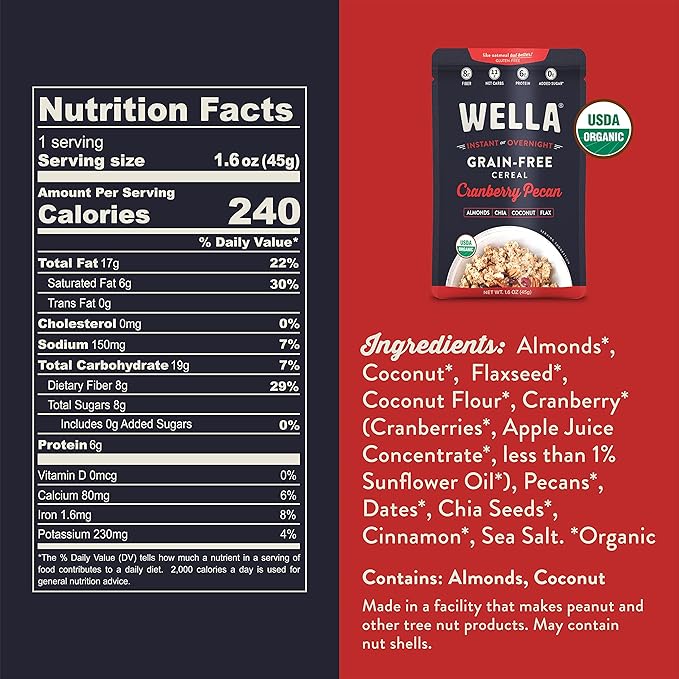 Wella Cereal Oatmeal Alternative, Gluten-Free Breakfast Hot Cereal, Grain-Free Paleo Organic Vegan High Protein Superfood, Plant-Based Non-GMO, Low in Net Carbs, Single-Serve Packets, Cranberry Pecan Flavor (10 Count, 1.6 oz. Packets)