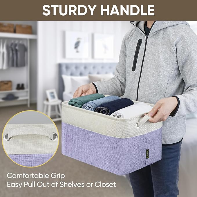 BALEINE 4 Pack Fabric Storage Bins for Shelves, Linen Storage Baskets for Organizing, Decorative Closet Bins for Clothes, Home (Lavender, 15''x11''x9.5'')