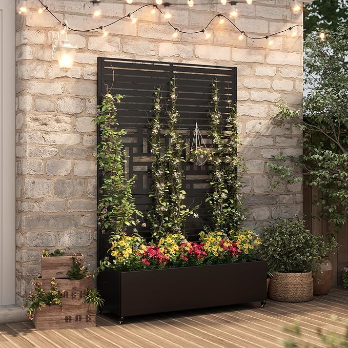 Metal Planter with Trellis& Wheels 72" x 47"x 15.7" Raised Garden Bed with Trellis,Privacy Planters for Patio,Garden Bed for Climbing Plants,Suitable for Climbing Plants and Vegetables,Black