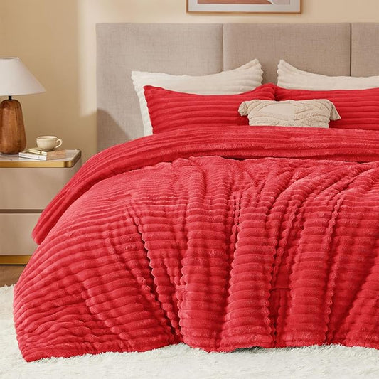 BEDELITE Fleece King Comforter Set -Super Soft & Warm Fluffy Red Bedding, Luxury Fuzzy Heavy Bed Set for Winter with 2 Pillow Cases