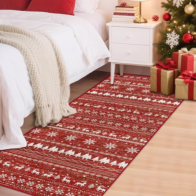 Christmas Kitchen Runner Rugs 2x6 : Washable Moroccan Geometric Rug Boho Non Slip Stain Resistant Rugs Low Pile Soft Carpet for Xmas Holiday Hallway Laundry Room Living Room Bedroom (Xmas Red,2'x6')
