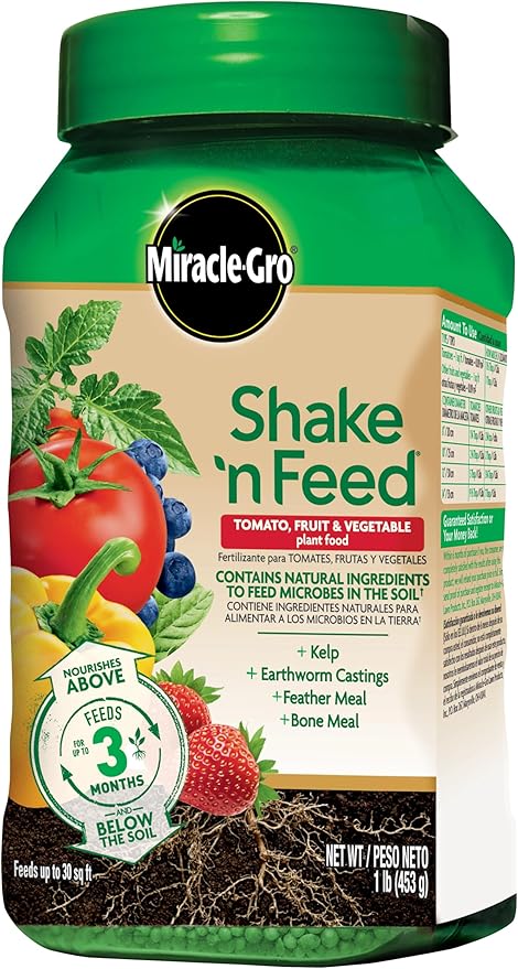 Miracle-Gro Shake 'N Feed Tomato, Fruit and Vegetable Plant Food, For In-Ground and Container Plants, Feeds up to 3 Months, 1 lb.