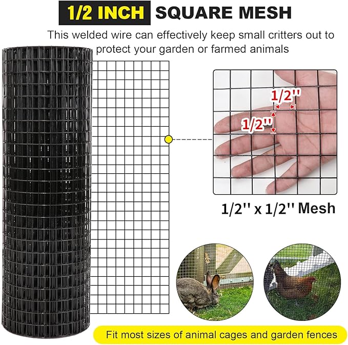 24'' x 25' 1/2inch Hardware Cloth 19 Gauge Black Vinyl Coated Welded Fence Mesh for Home and Garden Fence and Home Improvement Project