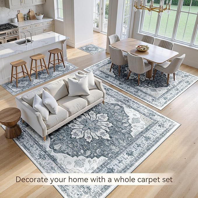 Area Rugs 10'x14' Washable Non-Slip, Floral Vintage Distress Print Pattern Medallion Carpet for Living Room Bedroom Dining Room, Light Gray Grey White
