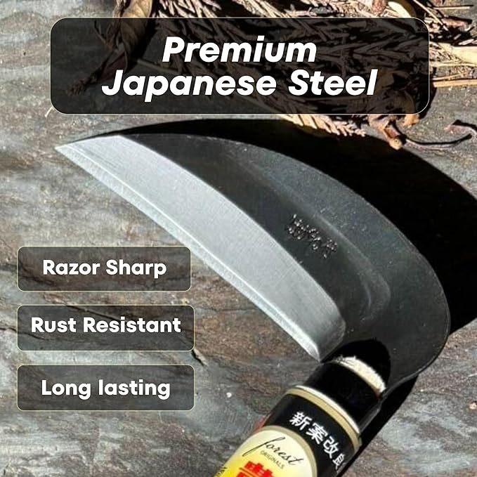 Hounen Miyawaki Japanese Weeding Sickle (Kama) – Curved Plain-Edge, Non-Twisted, Rust-Resistant Japanese Steel, Lightweight Wood Handle, Made in Japan