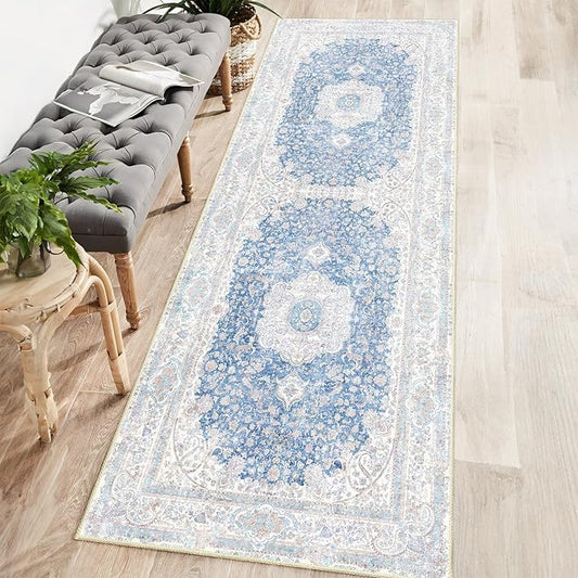 Washable Runner Rug 2x6,Blue Rug Runners Non Slip,Long Boho Rugs for Hallways Kitchen Bedroom Entryway Living Room Bathroom,Vintage Bohemian Distressed Floor Carpet,Floral