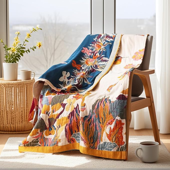 Boho Throw Blanket, 100% Organic Cotton Ultra Soft Bed 50" x 60" Throw - Christmas Blanket Skin-Friendly All Season Rustic Floral Decor Blanket for Sofa Couch Chair Tas -Beige