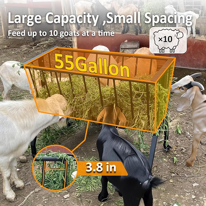 Hay Feeder Goat，55 Gallon Livestock Feeders, Pasture Feeder for Feeding Goats, Sheep and Ponies, for Farms, Sheep Sheds，Stable，Floor Model Hay Feeder for Goats，Black