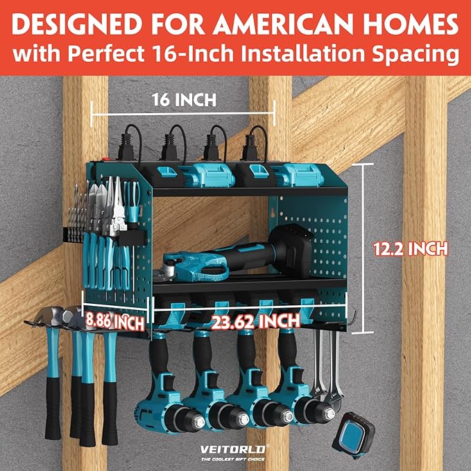 Veitorld Power Tool Organizer with Charging Station, Heavy Duty Modular Wall Mount Rack for Garage - 4 Drill Holders, Tool Storage Organizer, Christmas Birthday Gifts for Men Him Dad Husband