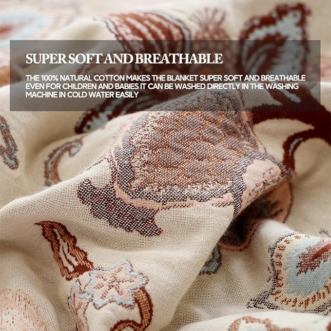 Boho Throw Blanket, 100% Cotton Ultra Soft Luxury Throw Rustic Quilt, Muslin Breathable Soft Bed Throw ，All Throw for Sofa Couch Chair 80×90 Inch