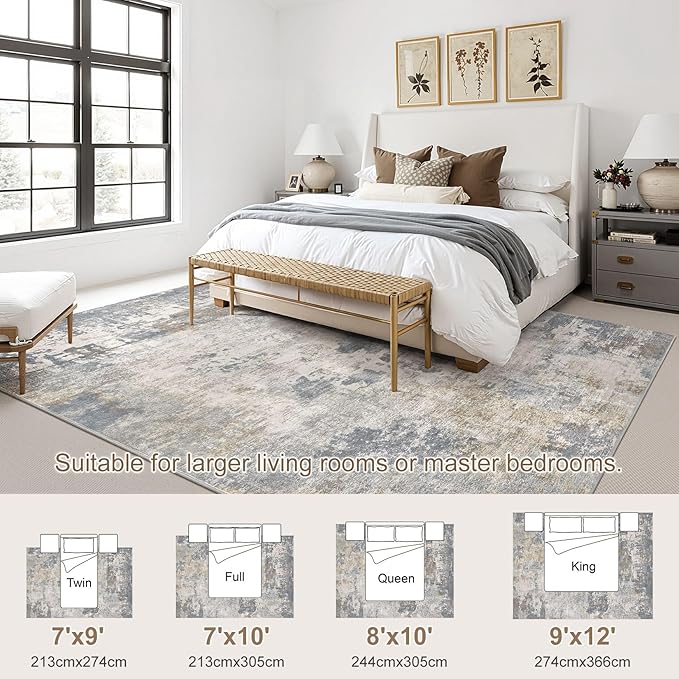 9x12 Area Rug Living Room Rugs - Washable Neutral Modern Abstract Soft Thin Large Rug Indoor Floor No Slip Rug Carpet for Bedroom Under Dining Table Home Office Decor - Blue Grey