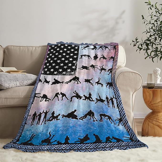 Wrestling Blanket American Flag Decor Throw Blanket Super Soft Flannel Lightweight Fluffy Plush Fuzzy Fleece Sports Blanket Gifts for Wrestler Boys Man Woman Girls Kids Adults for Bed Sofa 40"X50"