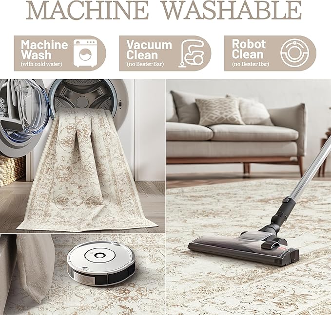 Madane Washable 6x9 Area Rugs for Living Room, Vintage Natural Rug with Non-Slip Backing, Soft Stain Resistant Throw Rugs Thin Carpet for Bedroom Dining Room Farmhouse (6 x 9, Wood/Ivory)