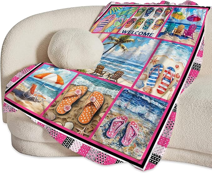 Coastal Blanket Ultra Soft Cozy Ocean Beach Palm Tree Throw Blanket Fleece Fuzzy Plush Bedding Blanket Beach Flip-Flops Decor Gifts for Women Girls Adults Couch Sofa 80"x60"