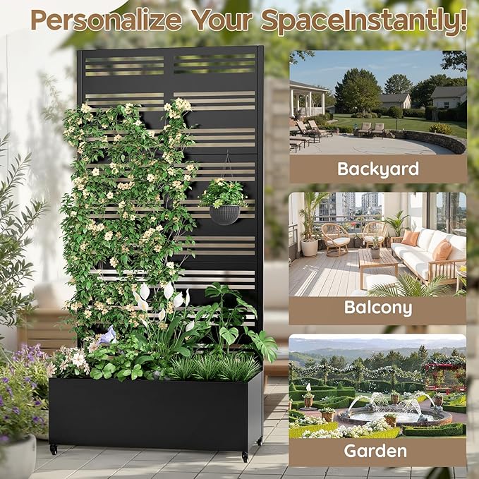 Metal Planter with Trellis& Wheels 72" x 35"x 15.7" Raised Garden Bed with Trellis,Privacy Planters for Patio,Garden Bed for Climbing Plants,Suitable for Climbing Plants and Vegetables,Black