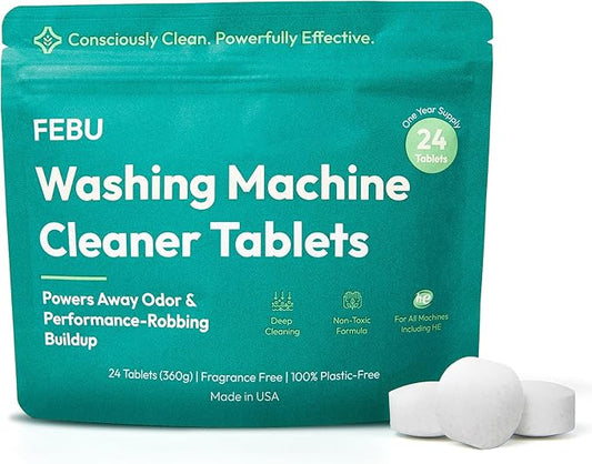 FEBU Washing Machine Cleaner Tablets Made in USA | Washer Machine Cleaner & Deodorizer | Removes Gunk & Grime | 7 Natural, Biodegradable, Plant-Based Ingredients | 24 Tablets - 12 Month Supply