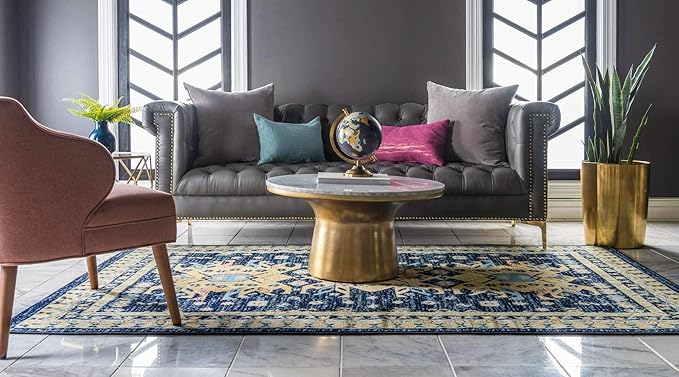 Unique Loom Taftan Collection Border Geometric Tribal Inspired Design Area Rug (4' 0 x 6' 0 Rectangular, Navy Blue/ Gold)