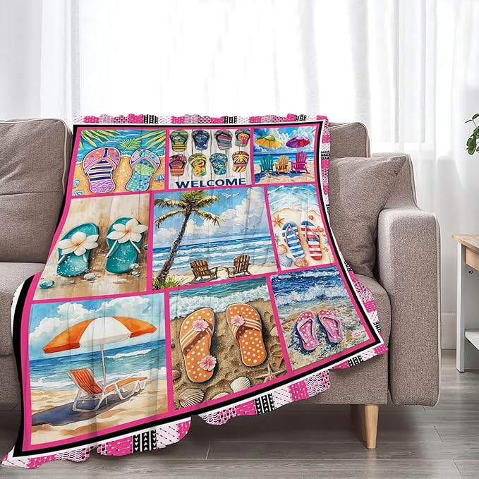 Coastal Blanket Ultra Soft Cozy Ocean Beach Palm Tree Throw Blanket Fleece Fuzzy Plush Bedding Blanket Beach Flip-Flops Decor Gifts for Women Girls Adults Couch Sofa 80"x60"