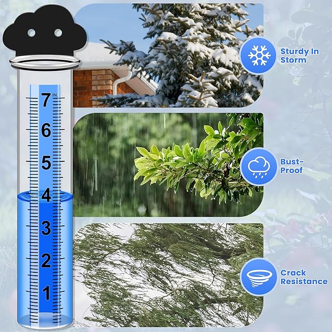 Rain Gauge Outdoor, Rain Gauge Replacement Tube with Stainless Steel Mounting Rack Holder, 7" Clear Large Numbers Rain Gauge Measuring Tool for Garden Yard Lawn Patio Yard Fence and Farm Use (Cloud)