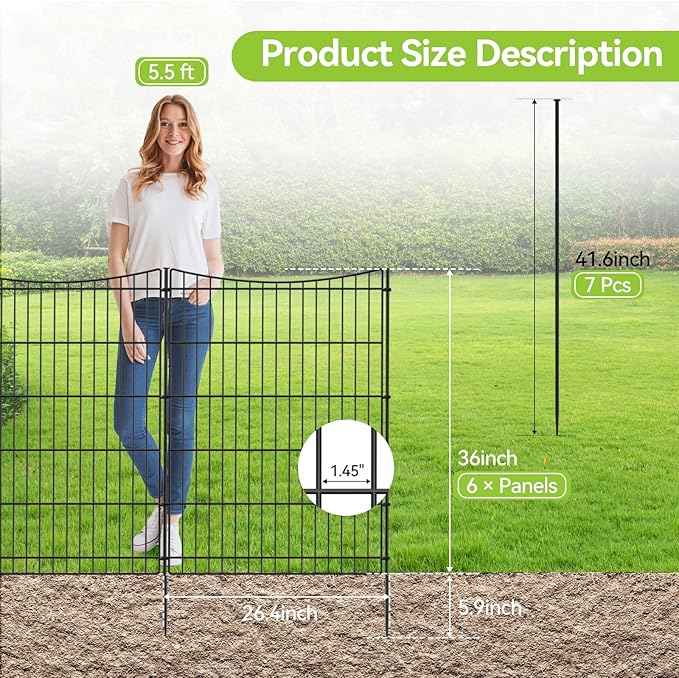 INJOPEXI Decorative Garden Fence 6 Panels 13ft(L)×36in(H) Garden Fences with 6 Panels Rustproof Metal Wire No Dig Temporary Animal Barrier Fencing Outdoor Dog Fence for Yard Patio - Without Gate