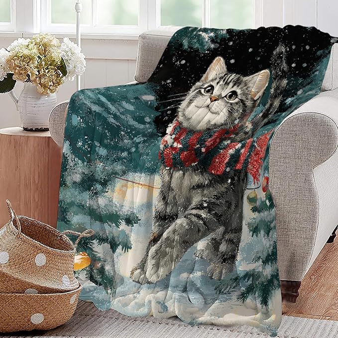 Cat Blanket Christmas Winter Night Throw Blankets Kitten Gifts for Girls Boys Kids Cat Lover Soft Cozy Fleece Plush for Couch Sofa Bed 80"x60"