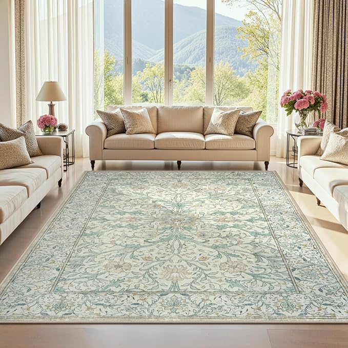 Collive 8x10 Area Rugs for Living Room, Washable Neutral Hand-Painted Floral Bedroom Rug, Vintage Distressed Non Slip Low Pile Large Carpet, Soft Retro Dining Room Office Rug, Ivory/Light Turquoise